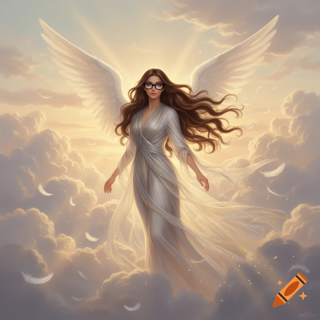 An angel with long brown hair and black glasses stands among clouds, with large white wings and a glowing sunset behind her, surrounded by falling feathers and golden light.