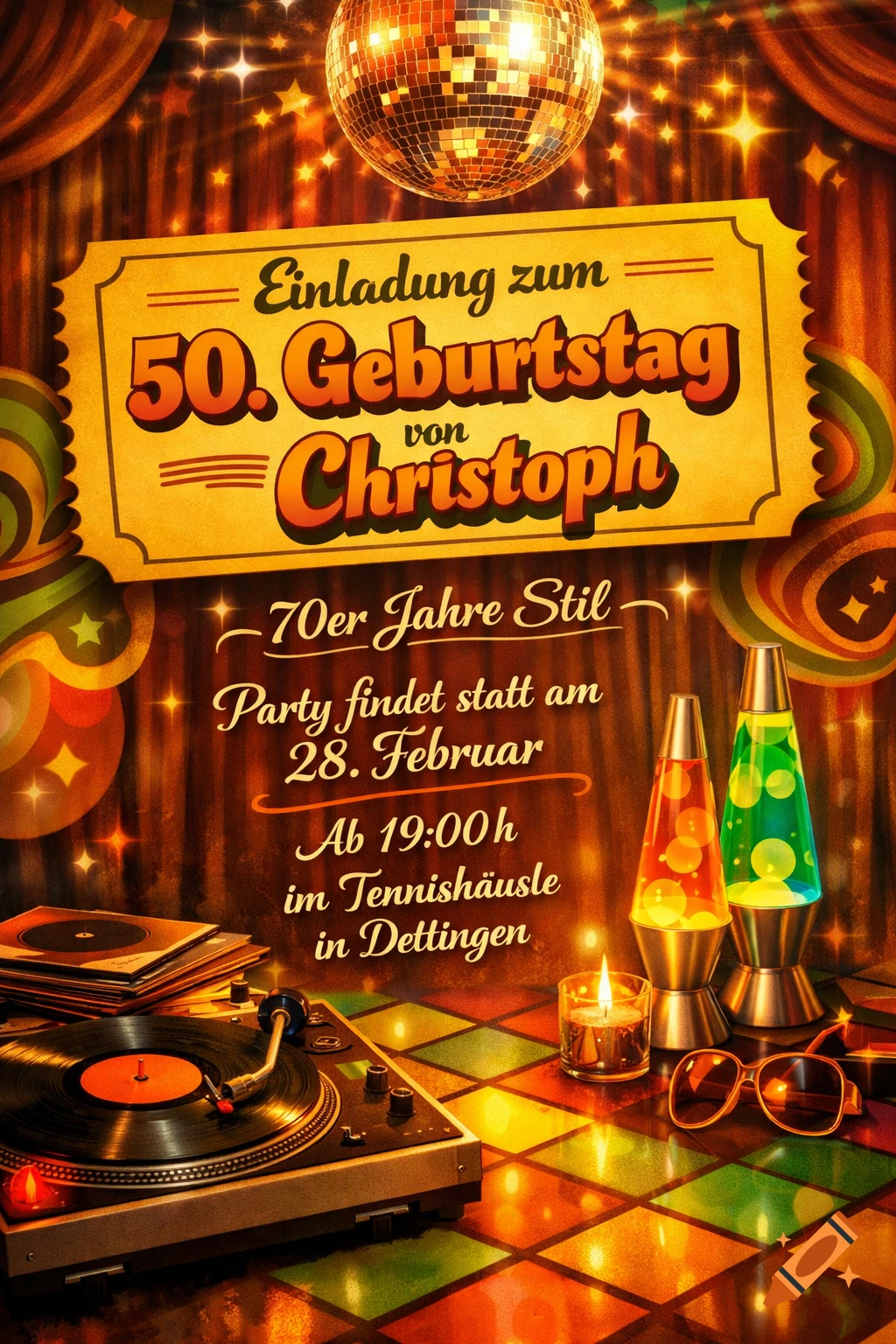 A retro 70s disco-themed invitation for Christoph's 50th birthday party, featuring a disco ball, lava lamps, and a record player.