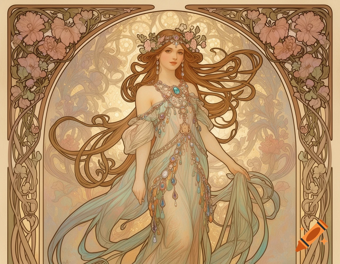 An elegant woman with long brown hair and a floral headpiece, wearing an ornate flowing gown, in the Art Nouveau style.