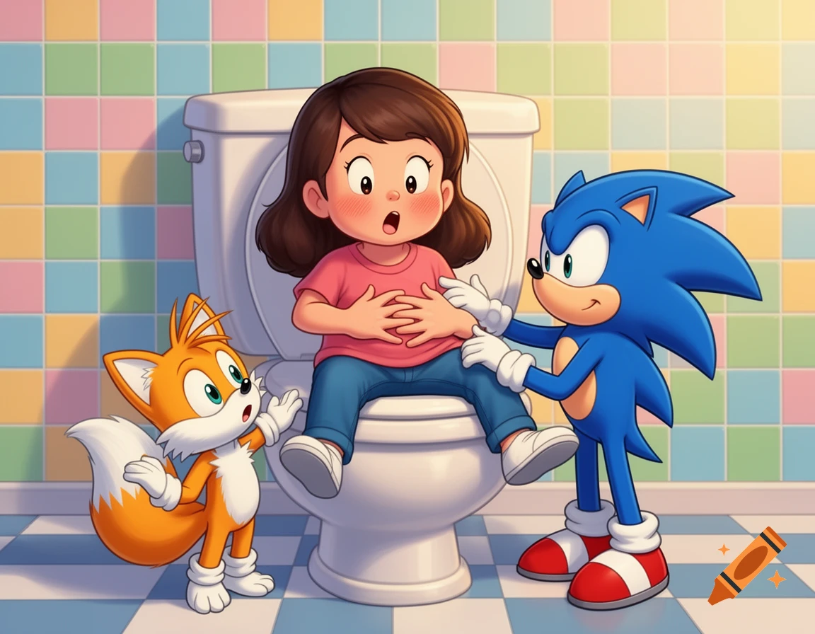 A cartoon girl sits on a toilet with a tummy ache, as Sonic and Tails comfort her in a tiled bathroom.