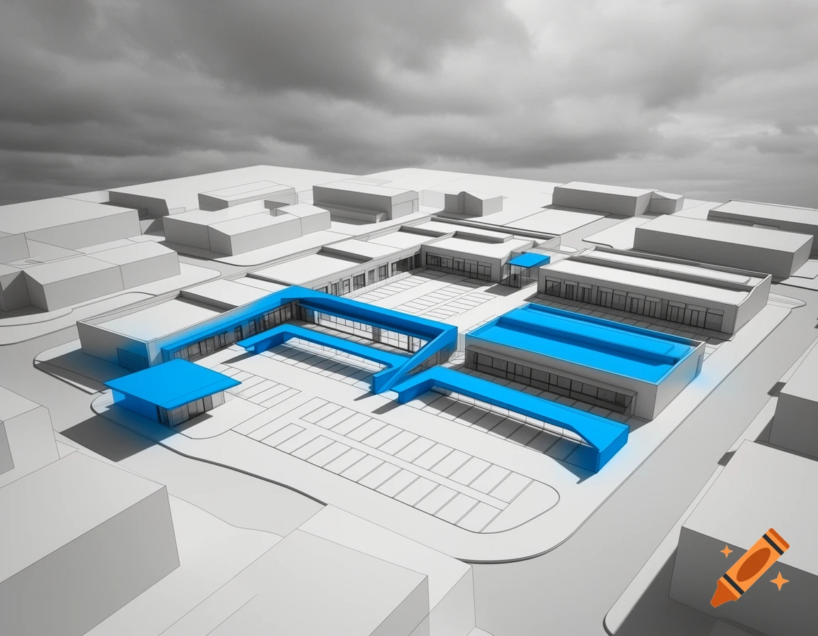 Aerial 3D architectural model of a building complex, with new structures highlighted in vibrant blue against a monochromatic white and grey.