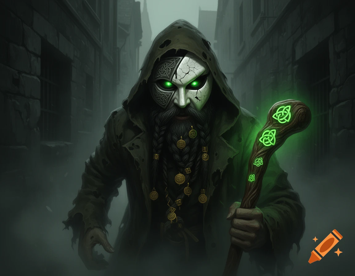A hyper-realistic dark fantasy figure in a hooded coat and cracked mask with glowing eyes, holding a glowing Celtic staff in a dark alley.
