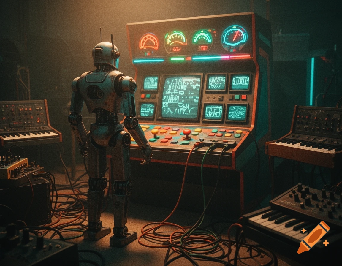 A retro robot stands before a vibrant 80s-style music console, flanked by synthesizers and tangled cables in a dimly lit studio.