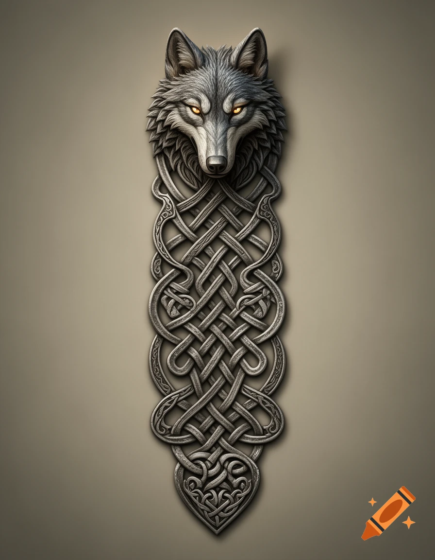 A stylized gray wolf head with glowing yellow eyes atop intricate metallic Celtic knotwork on a muted background.