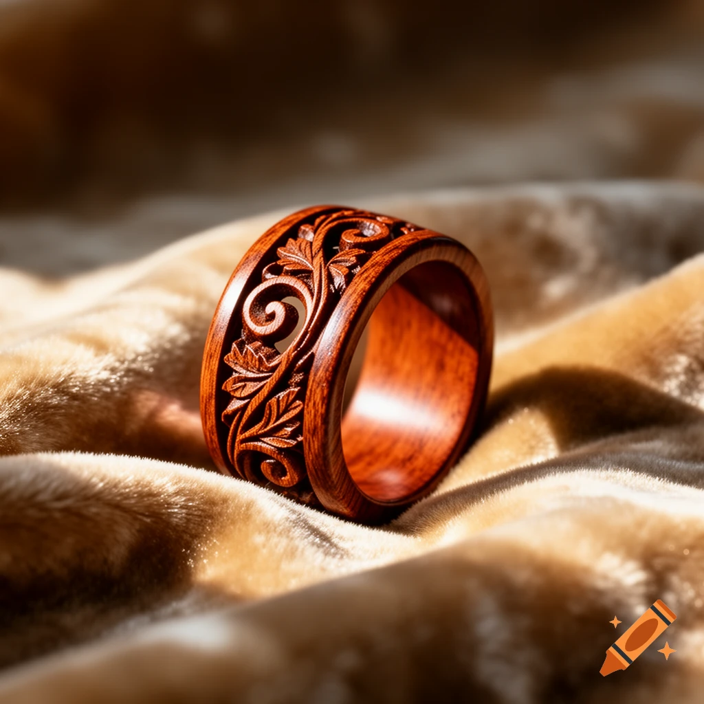 An intricately carved dark wooden ring with floral patterns rests on a ...