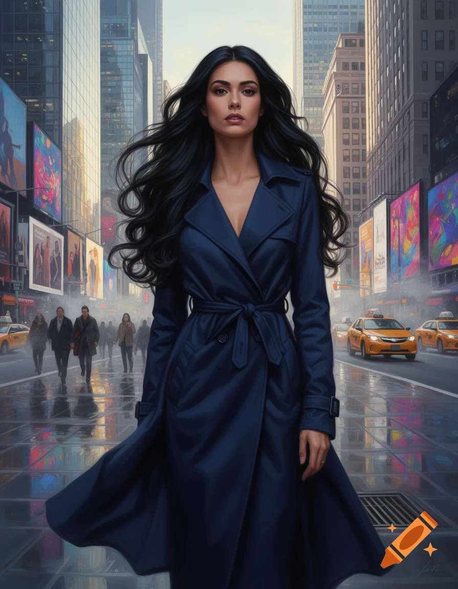 A striking woman with long dark hair in a navy trench coat walks on a ...