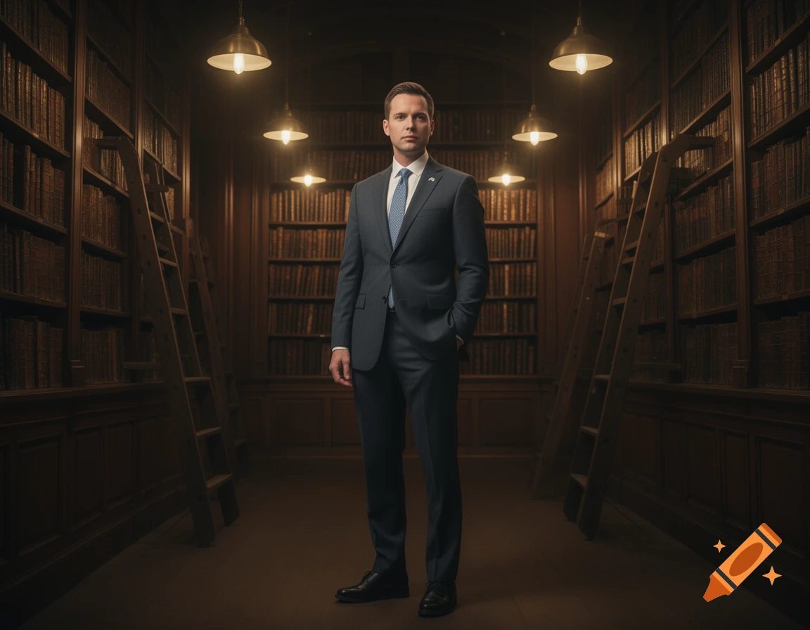 A man in a dark suit and blue tie stands in a dimly lit library with ...