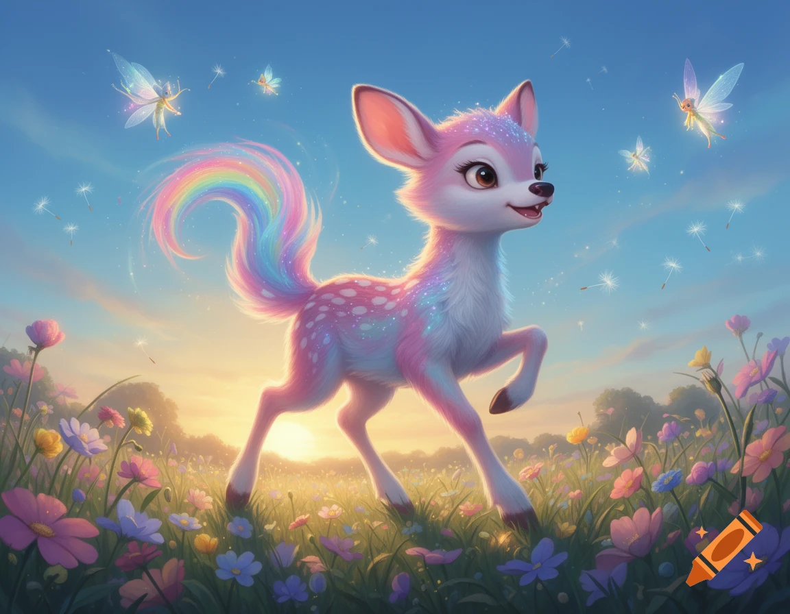 A whimsical rainbow-colored fawn with glitter spots runs through a vibrant flower meadow as tiny fairies fly under a sunny sky.