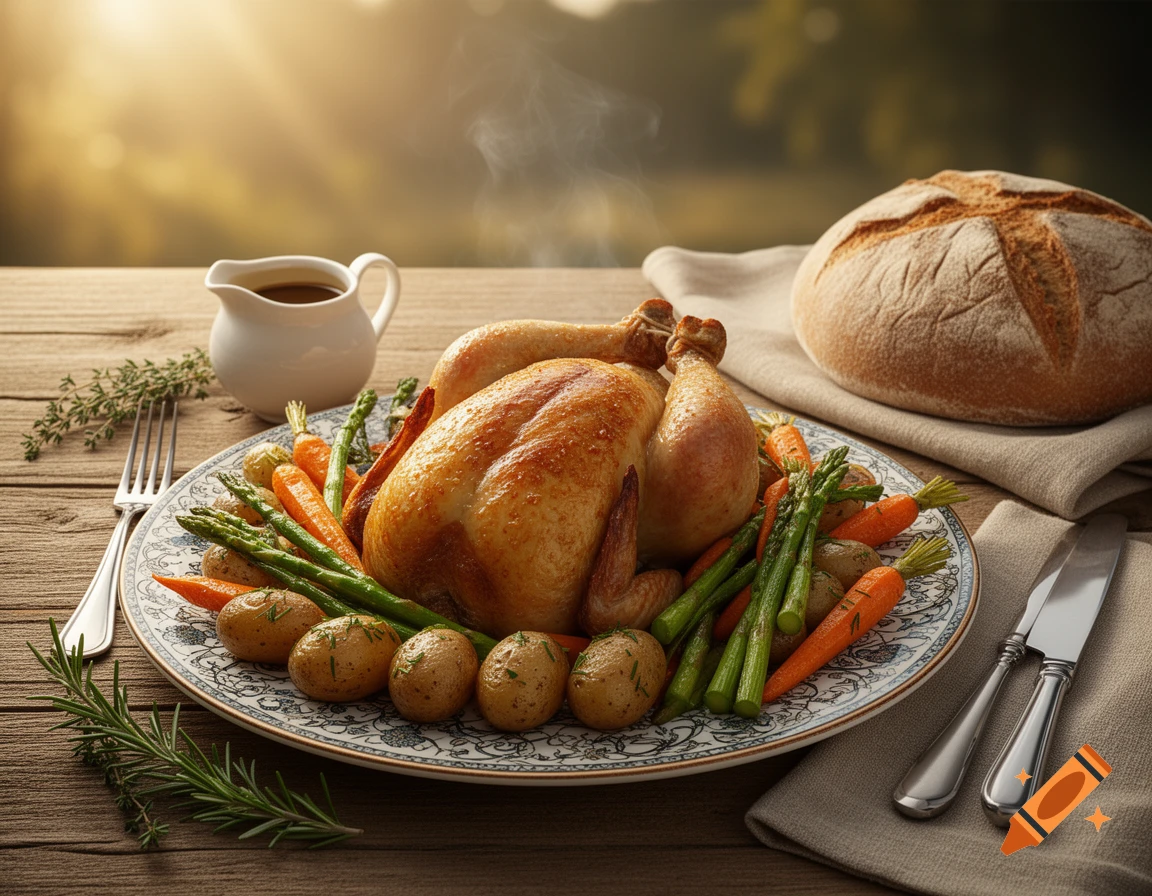 Photorealistic roasted chicken dinner with asparagus, carrots, potatoes, gravy, and bread on a rustic wooden table.