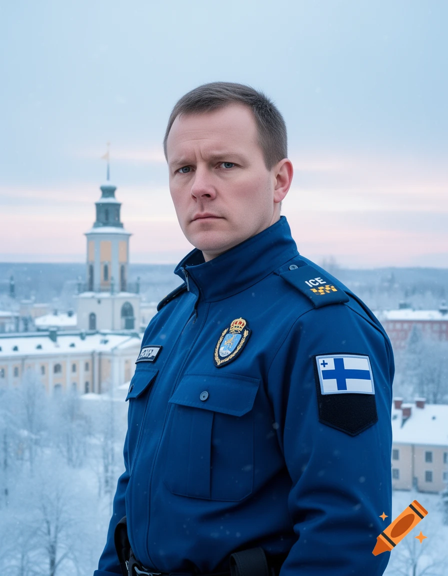 A man in a blue uniform with "ICE" on his shoulder and a Finnish flag patch stands in a snowy landscape with a tower in the background, looking directly at the viewer.