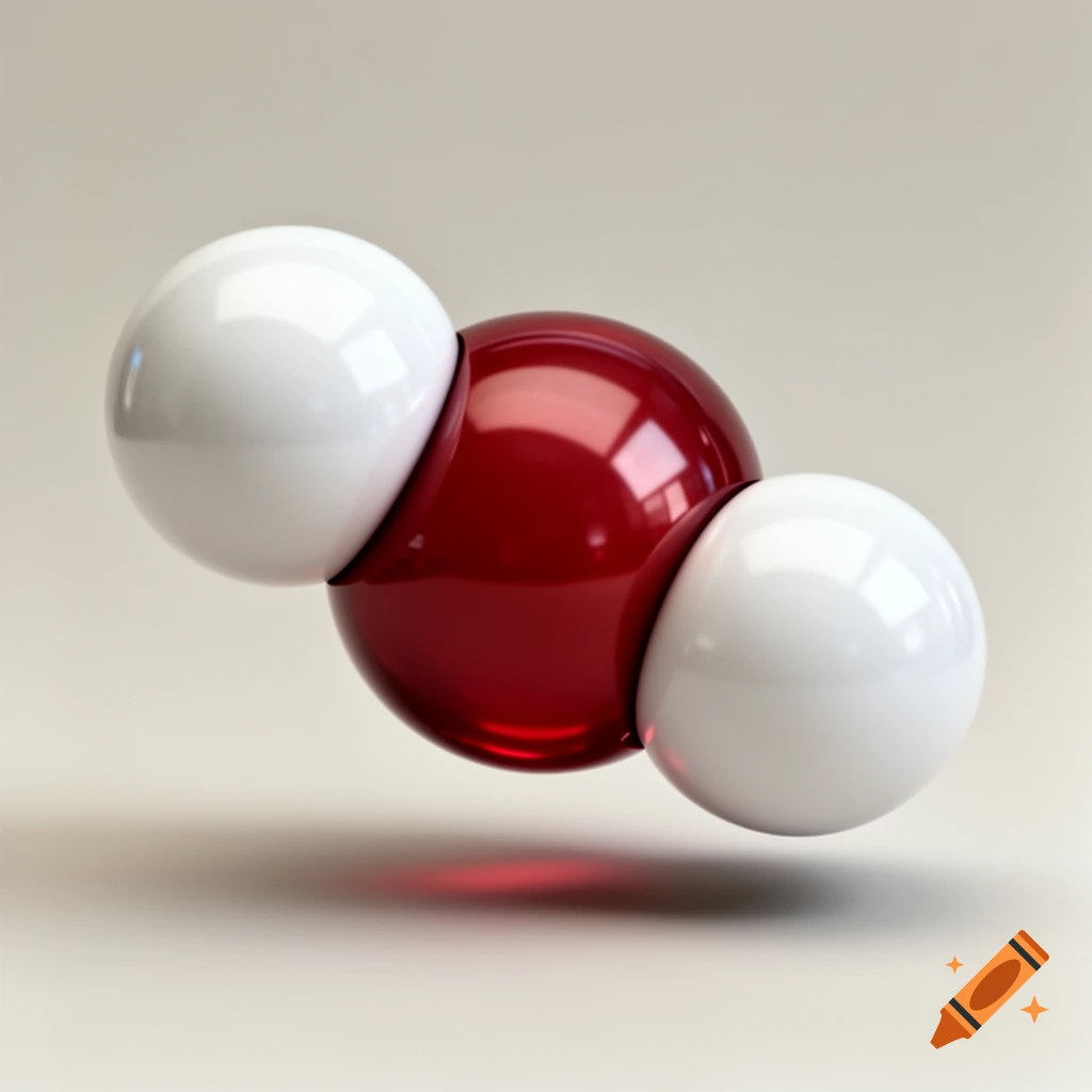 A 3D scientific illustration of a water molecule (H2O) with a central red oxygen atom and two white hydrogen atoms.
