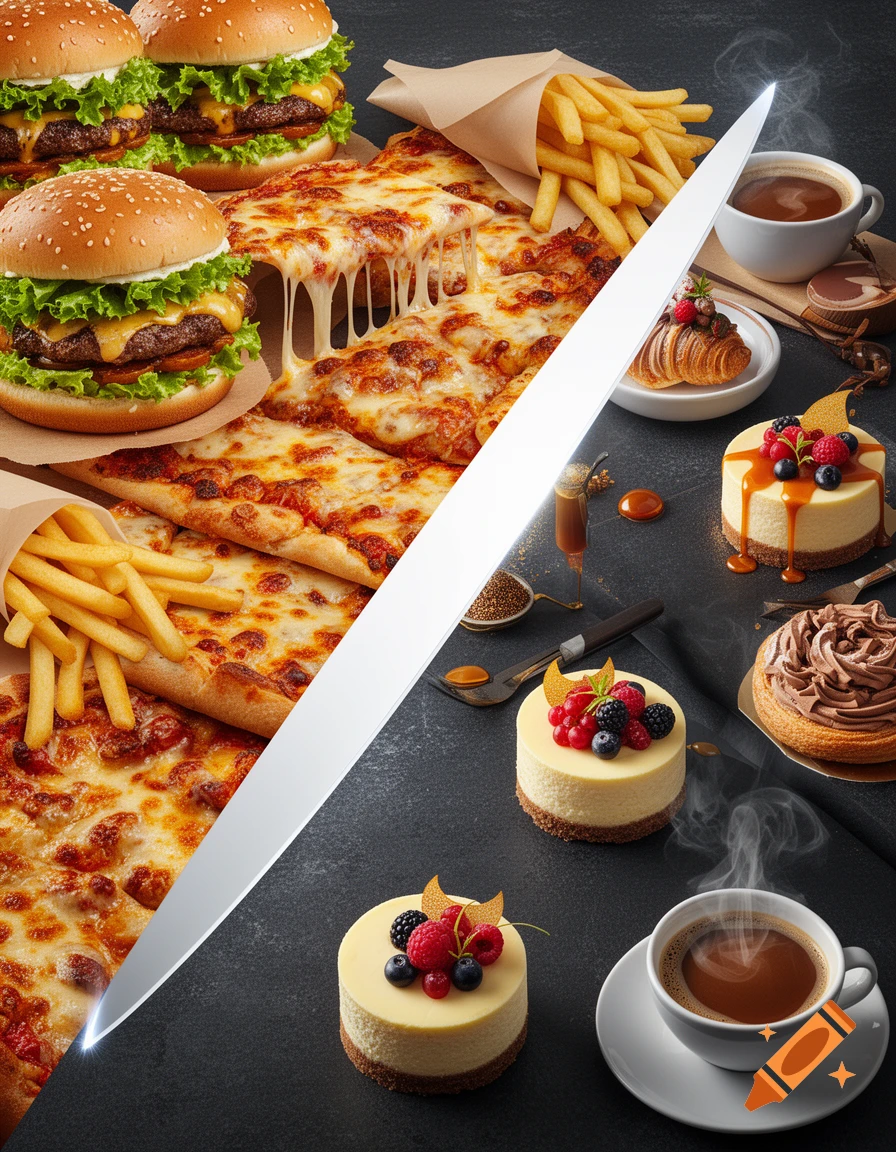 Top-down view of a table diagonally split, with fast food (burgers, pizza, fries) on the left and elegant desserts (cheesecake, pastries, coffee) on the right.
