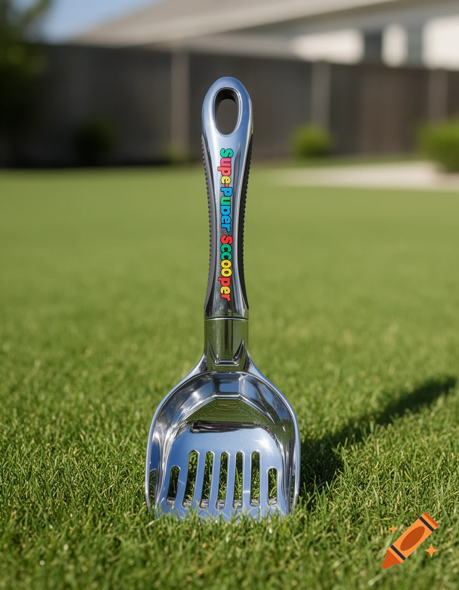 A shiny silver pet waste scooper with colorful text "Supe-Puper Scooper" on its handle, standing upright in green grass under sunlight.