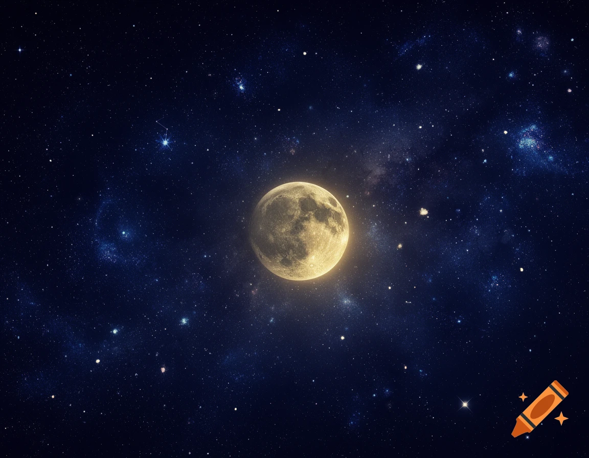 A detailed, glowing moon with visible craters against a dark blue starry cosmic sky with faint nebulae.