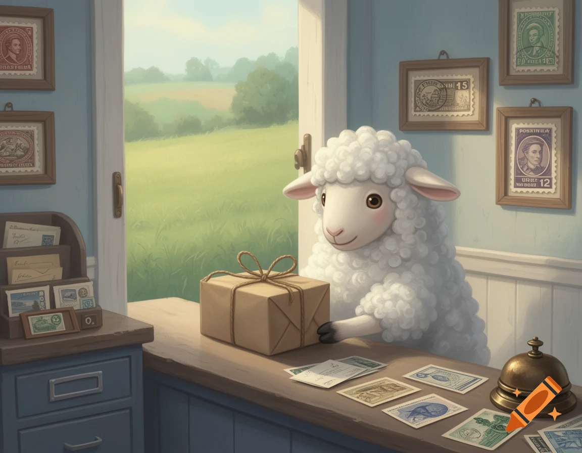 A cartoon sheep stands at a post office counter with a package, stamps, and a bell, looking into a green field.