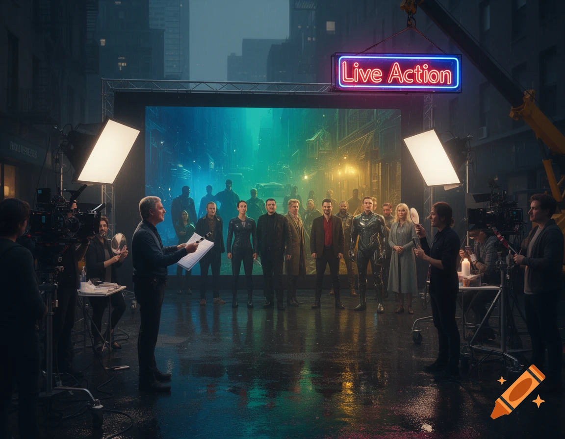 A diverse group of actors on a film set with crew, cameras, and bright lights, a neon sign reads "Live Action" above a large screen, all reflected on a wet ground.