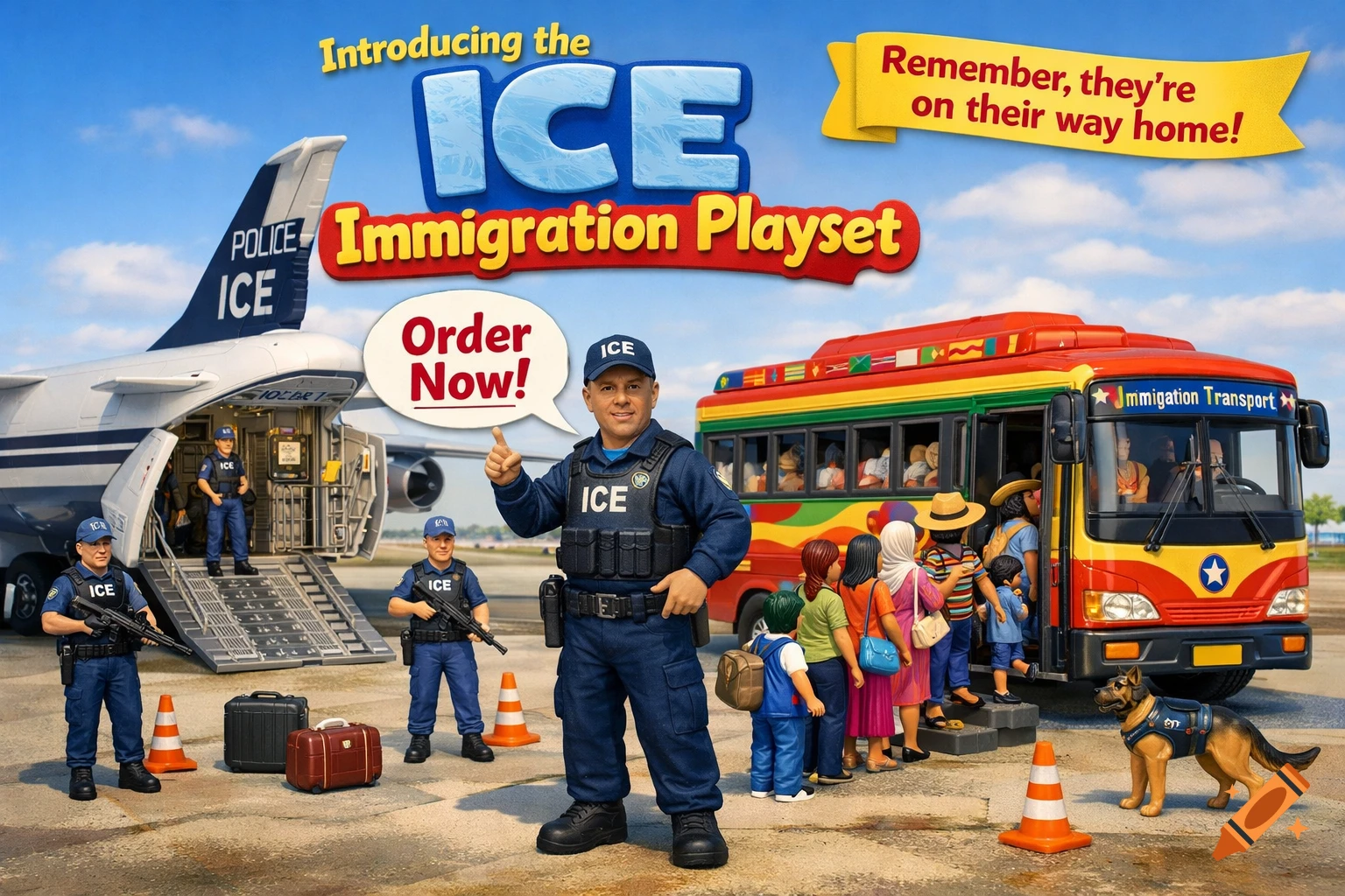 A satirical 'ICE Immigration Playset' featuring toy police officers, a cargo plane, a bus with people, and banners like 'Order Now!'