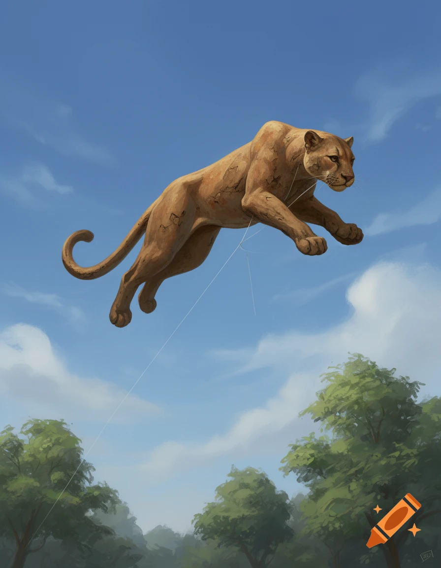 A puma-shaped kite made of cracked mud flies high in a clear blue sky over green trees in a digital painting.