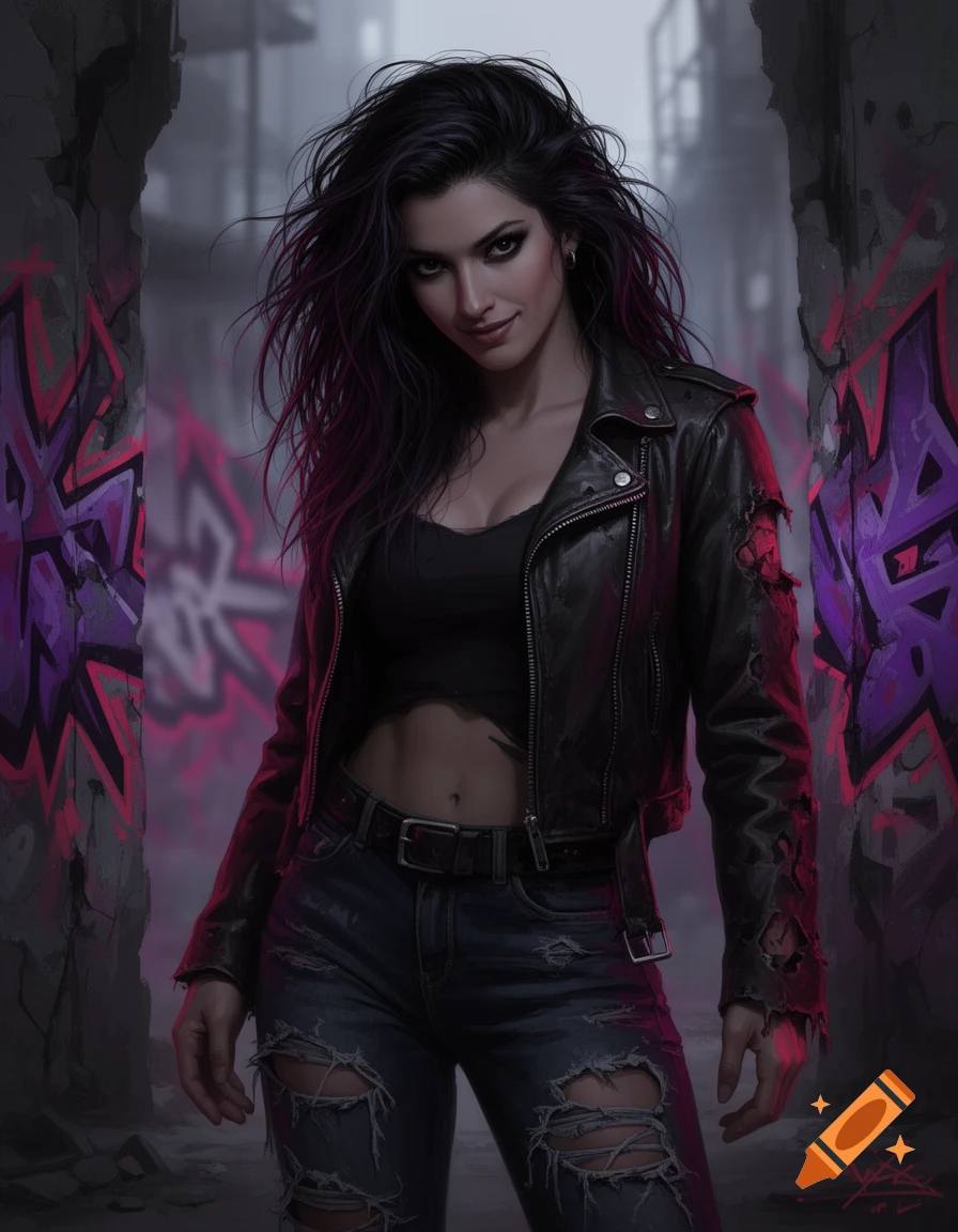 A dark-haired woman in a leather jacket, crop top, and ripped jeans stands in a graffiti-covered urban alleyway, digital art.
