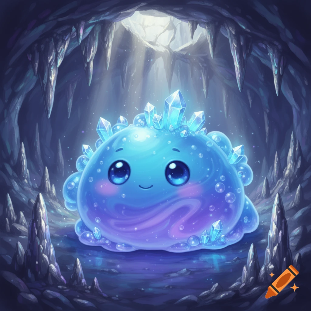 Cute glowing blue and purple slime monster covered in crystals, smiling in a dark, sparkling cave with light from above.