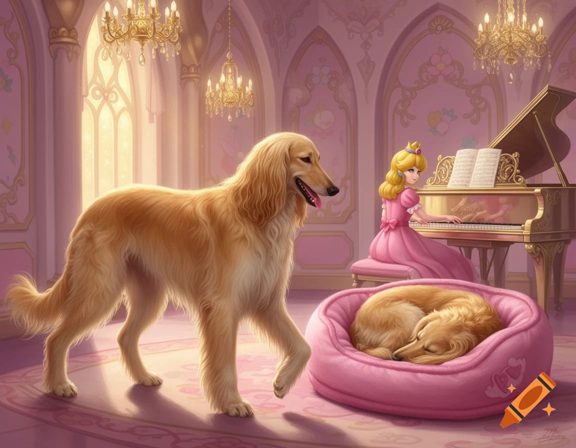 Princess Peach plays a golden piano in a pink castle room while a ...