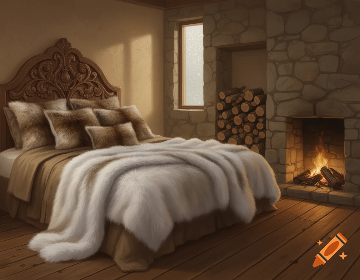 Cozy bedroom with a fur-covered bed, carved wooden headboard, stone fireplace with burning logs, and a window overlooking snow.