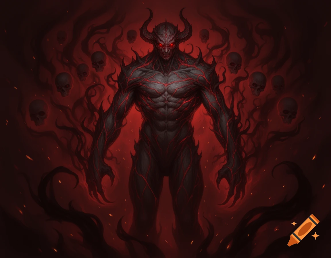 A muscular, horned demon with glowing red eyes, surrounded by shadowy tendrils, skulls, and a red, fiery aura.