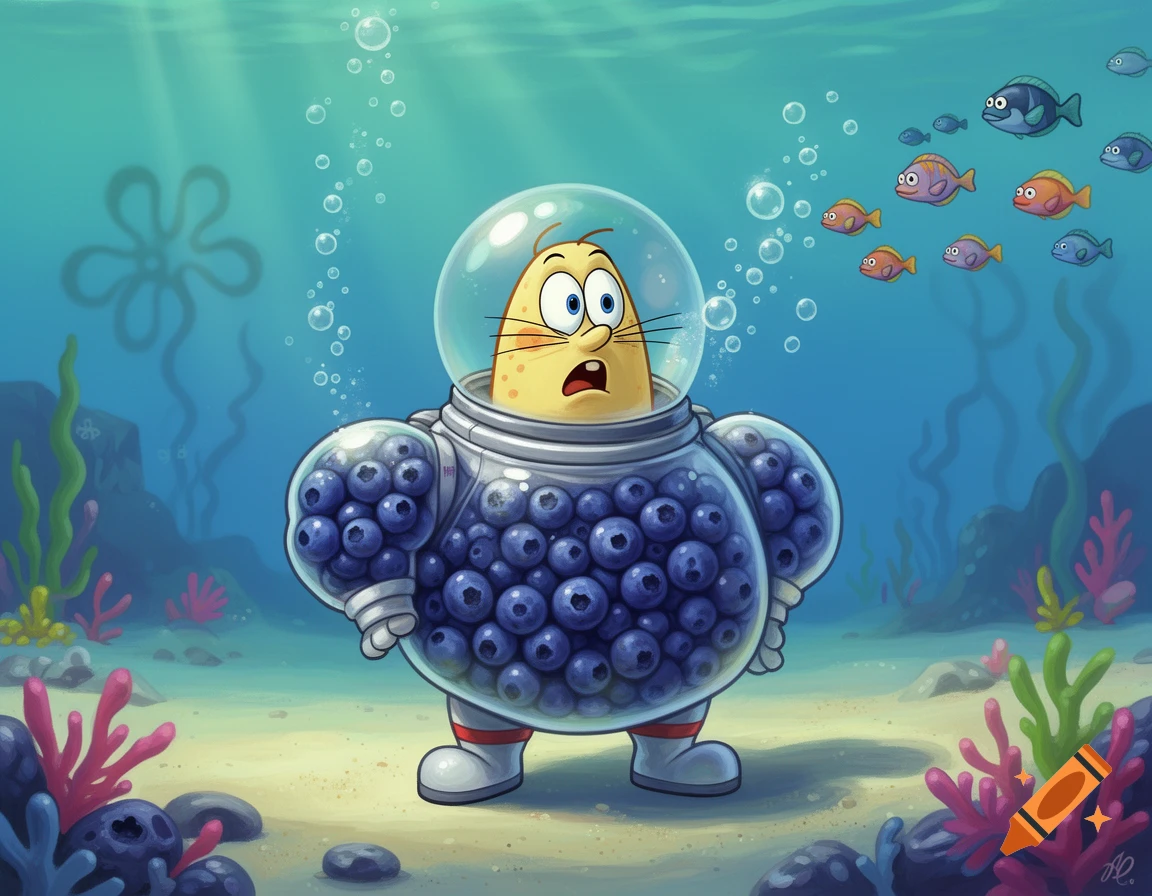 Cartoon character in an astronaut suit filled with blueberries, looking surprised underwater with fish swimming by.