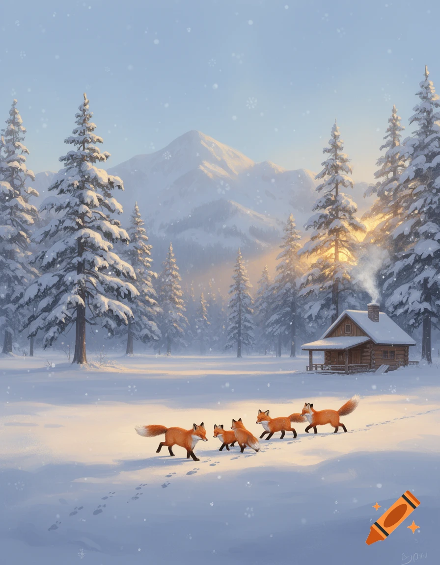 Four red foxes walk through a snowy winter landscape with pine trees, mountains, and a cozy log cabin in the soft light of dawn.