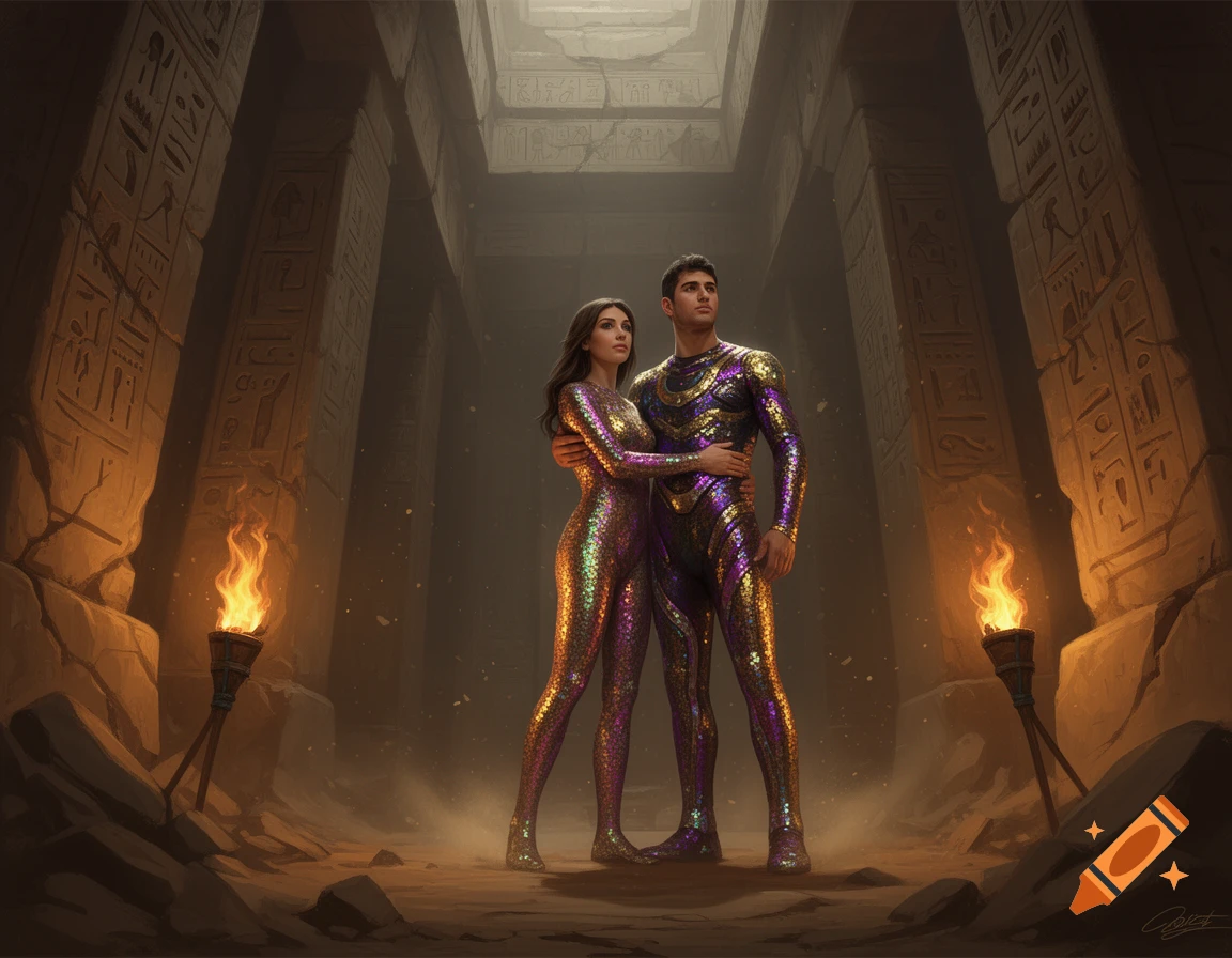 A couple in shimmering, sequined suits stands in a torch-lit ancient pyramid chamber adorned with hieroglyphs.