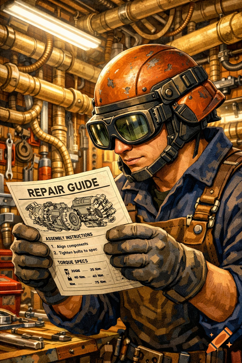 A stylized illustration of a mechanic in a helmet and goggles reading a 'REPAIR GUIDE' in a workshop with numerous pipes.