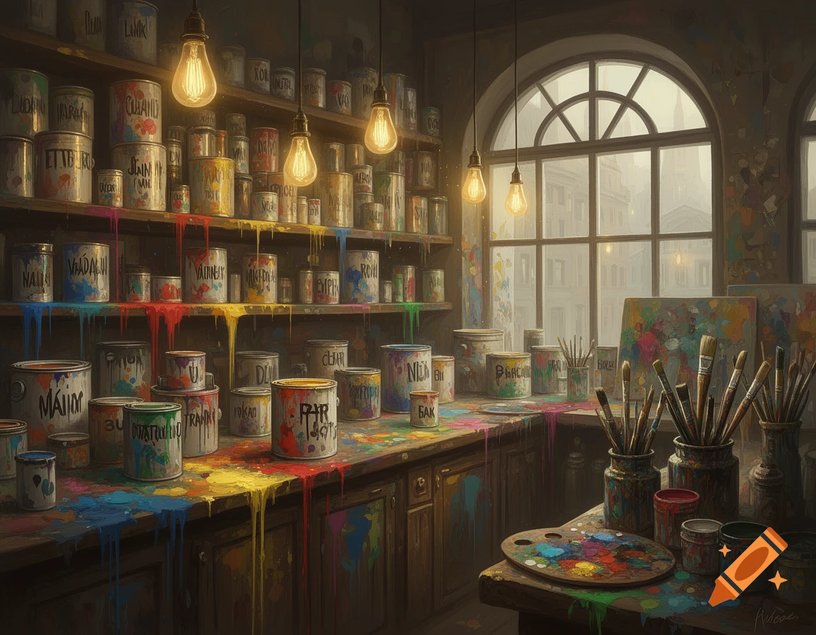 A vibrant art studio filled with shelves of colorful paint cans, paint splatters, and brushes, lit by hanging bulbs and a large arched window.