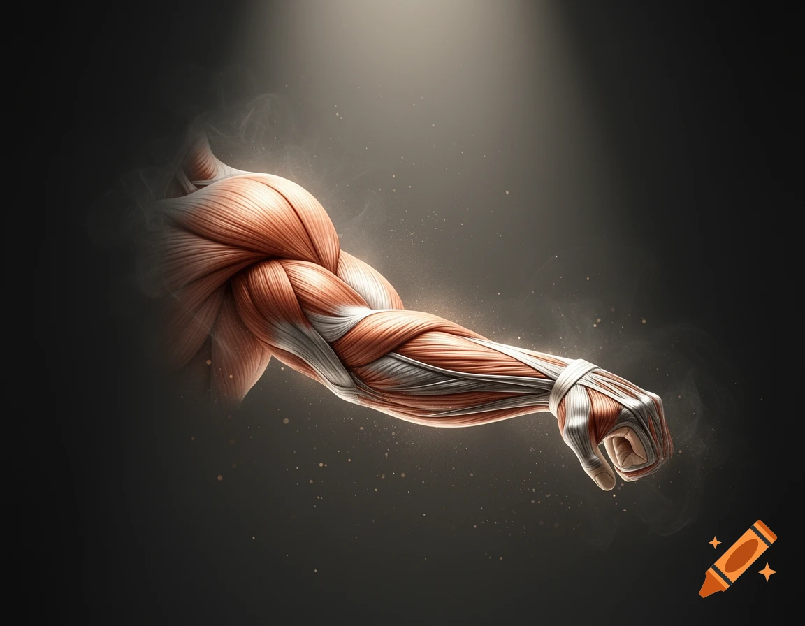 Detailed anatomical illustration of a human arm with visible muscles and tendons, highlighted against a dark background.