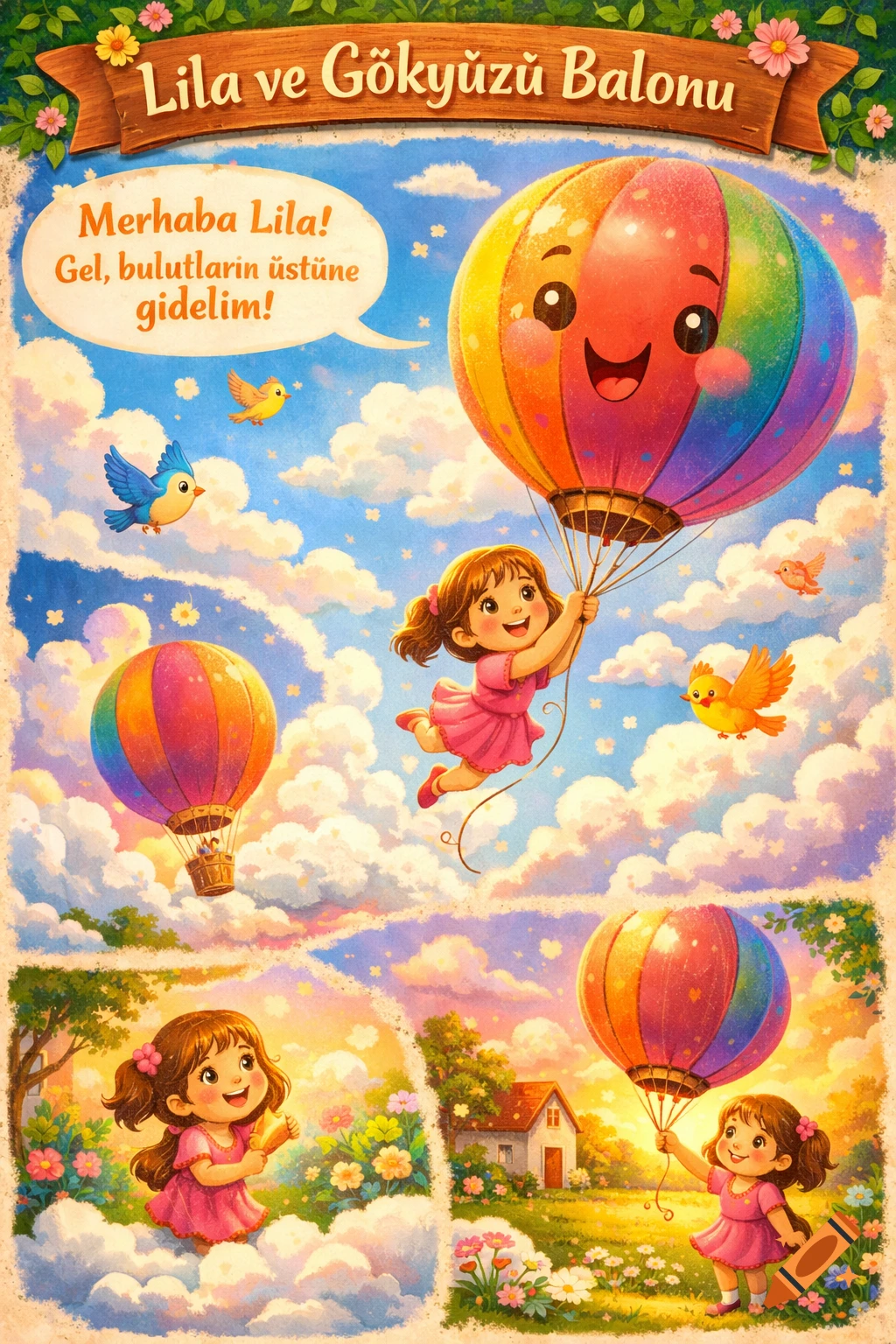 Colorful children's illustration of a happy girl flying with a rainbow hot air balloon, birds, clouds, and a landscape. Text 'Lila ve Gökyüzü Balonu'.
