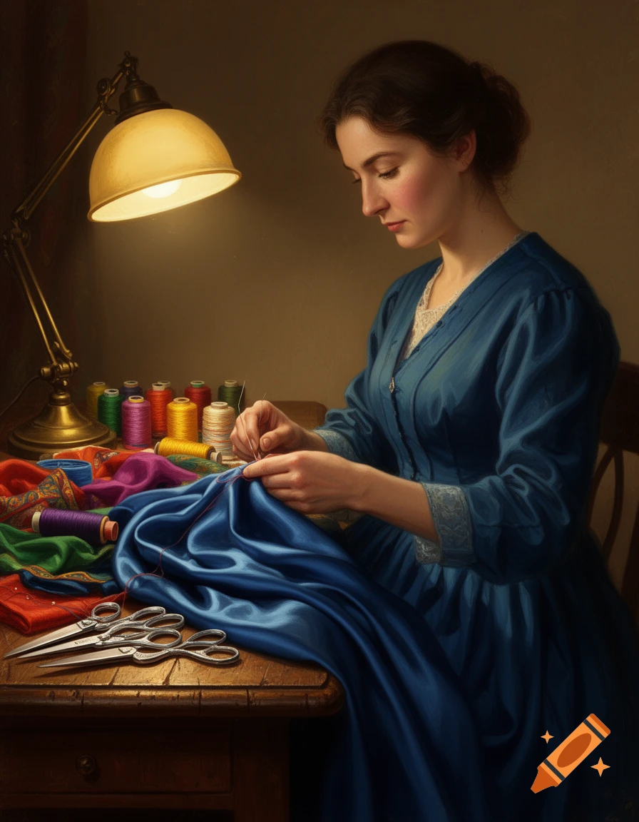 A woman in a blue dress sewing at a wooden table under a warm lamp, with colorful spools of thread and scissors nearby.