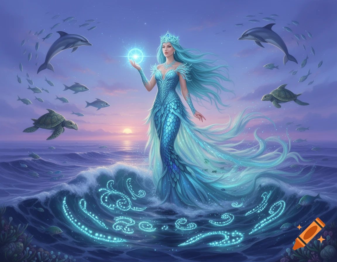 A beautiful blue-haired mermaid princess with a shimmering tail and crown stands on ocean waves at sunset, holding a glowing orb. Dolphins, sea turtles, and fish swim around her, with glowing magical patterns in the water.
