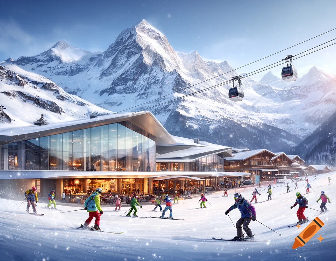 A modern ski resort with large glass buildings, a snowy mountain backdrop, and many skiers on the slopes, with gondolas overhead.