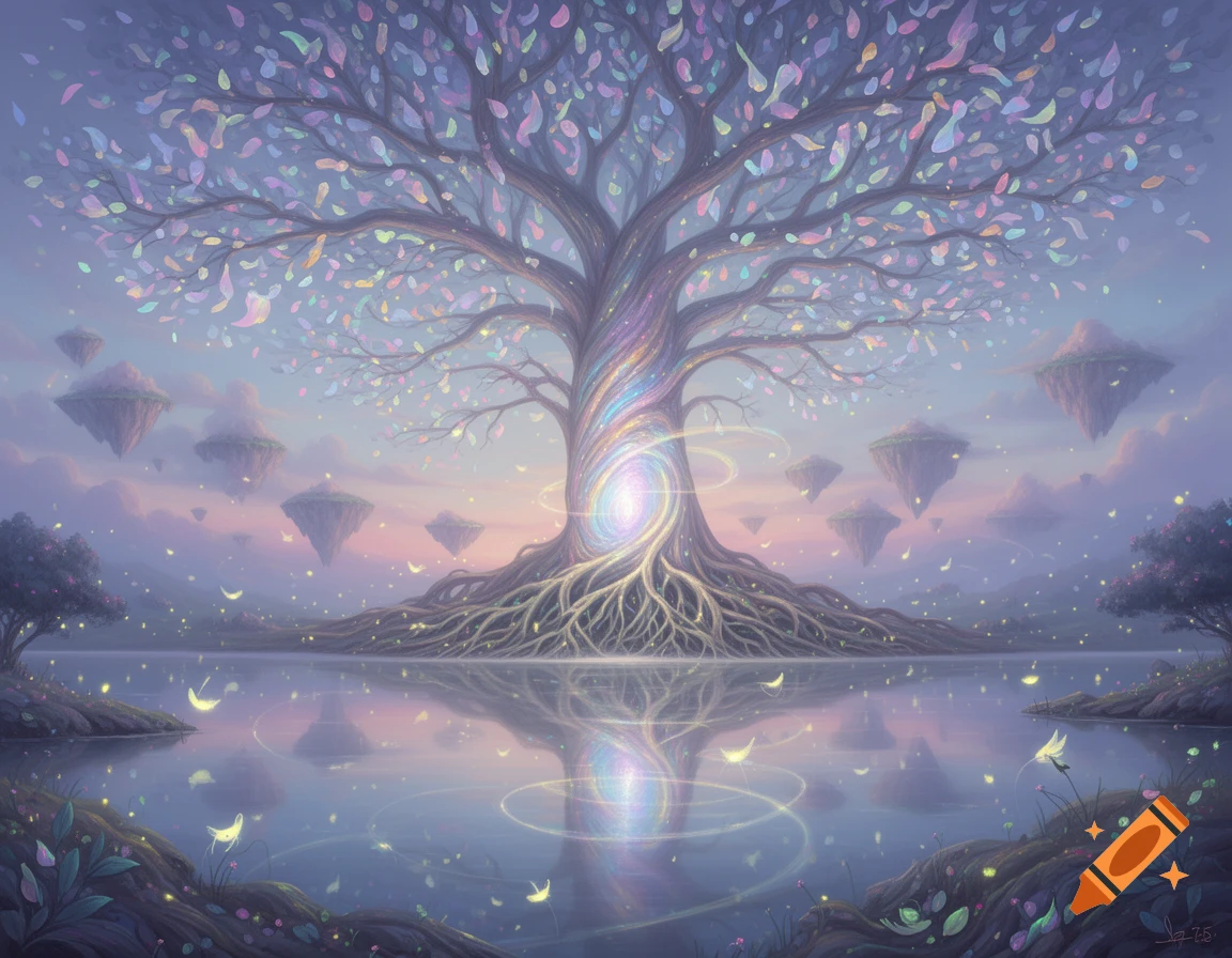 Dreamlike fantasy landscape featuring a large, glowing tree with colorful leaves, a calm lake reflecting it, and floating islands under a soft, pastel sky.