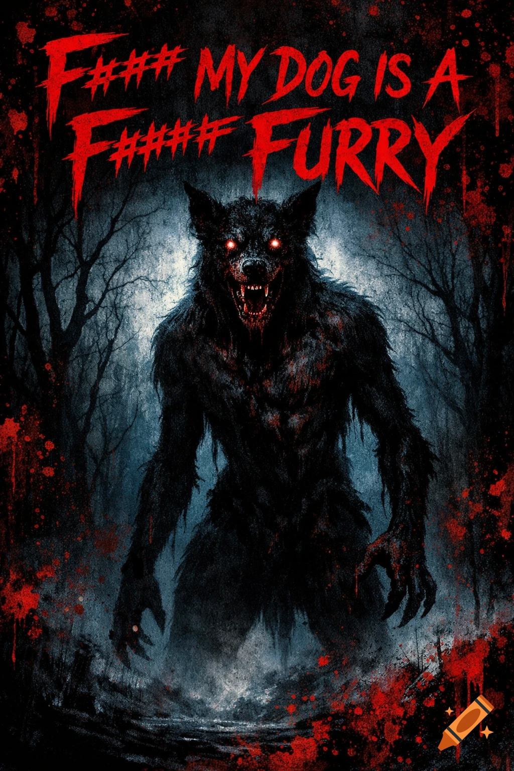 A horror movie poster featuring a dark, monstrous werewolf with glowing red eyes and bared fangs standing in a spooky forest, splattered with red blood. Red text above reads "F### MY DOG IS A F##### FURRY."