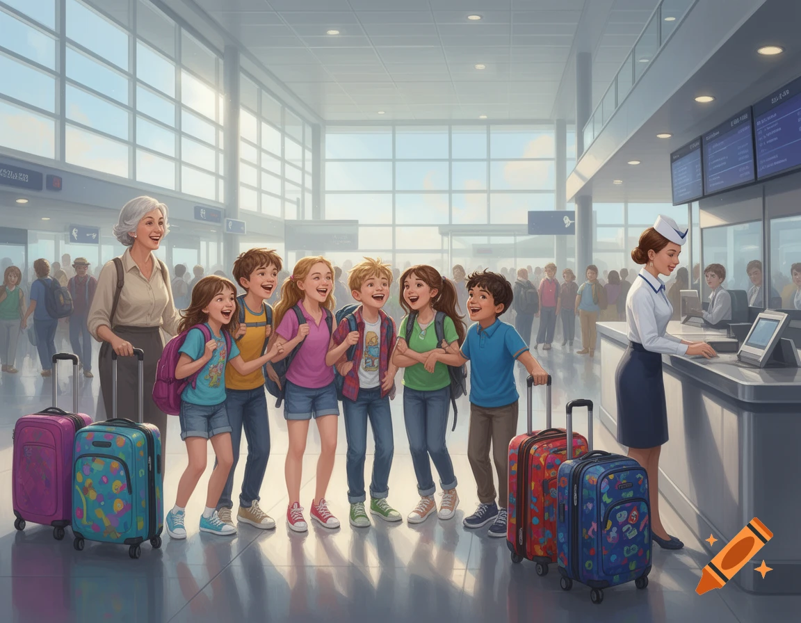 A group of happy children and two adults with colorful suitcases stand in an airport terminal, with an airline employee at a check-in desk on the right.