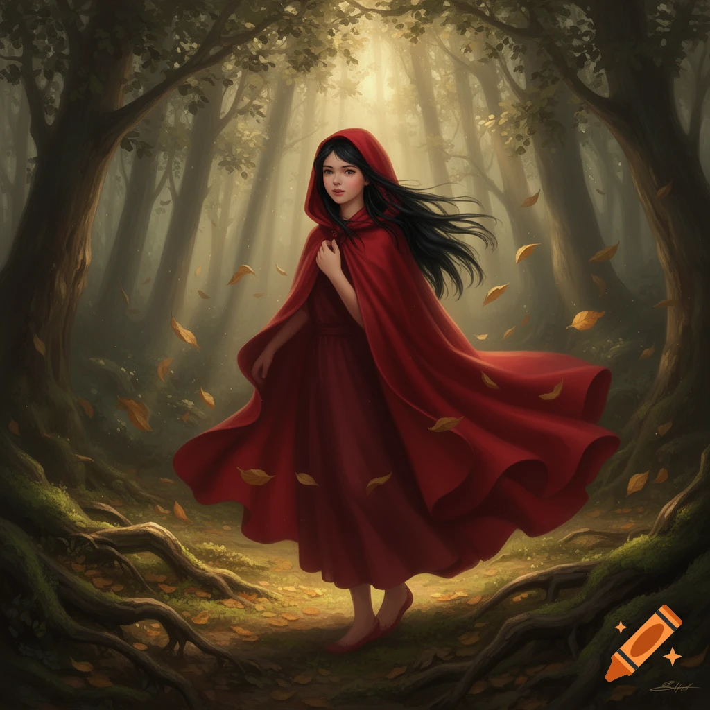 A young woman in a flowing red cape and dress stands in a sunlit, autumnal forest, resembling Little Red Riding Hood.