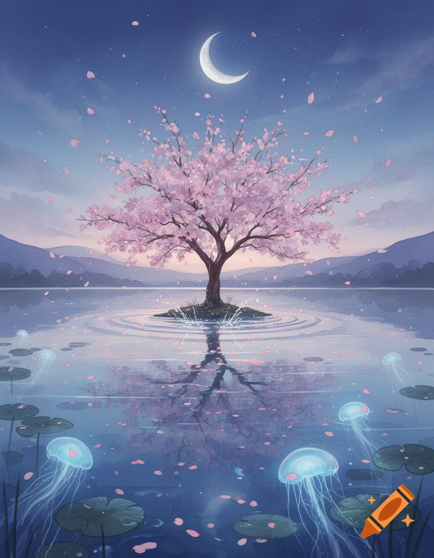 Dreamlike watercolor of a cherry blossom tree on a lake at dusk, with a crescent moon, floating petals, and glowing jellyfish.