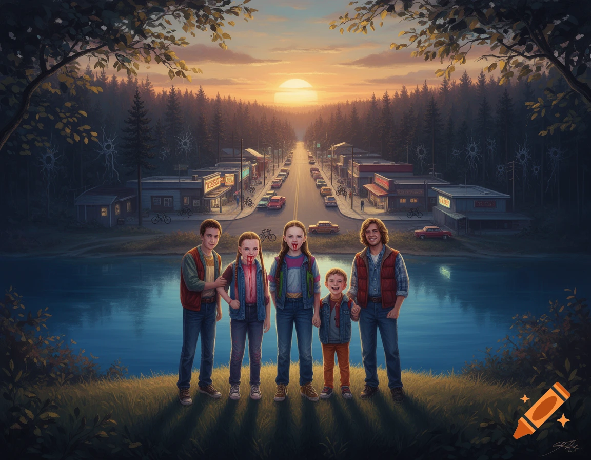 An illustration of five people, including children and an adult man, standing by a river. Two girls have blood dripping from their mouths, resembling vampires. A small town and a forest with dark, spindly shapes are in the background under a sunset.