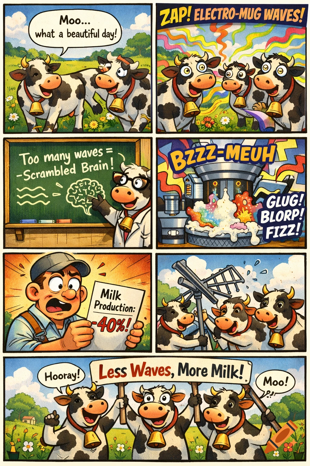 A humorous six-panel comic strip about cows, electro-mug waves, and milk production, in a Franco-Belgian style.