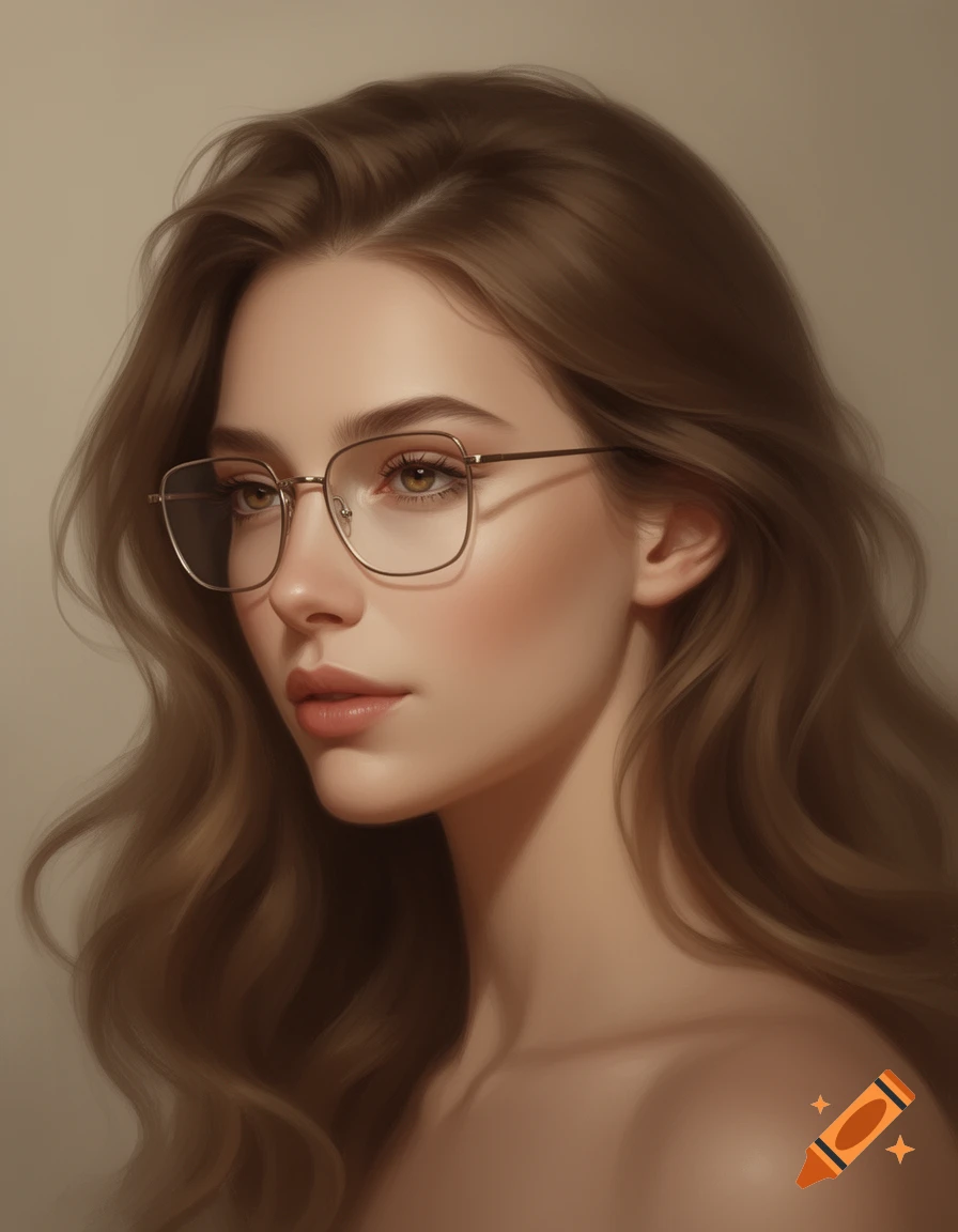 Portrait of a young woman with long brown hair and gold-rimmed glasses ...
