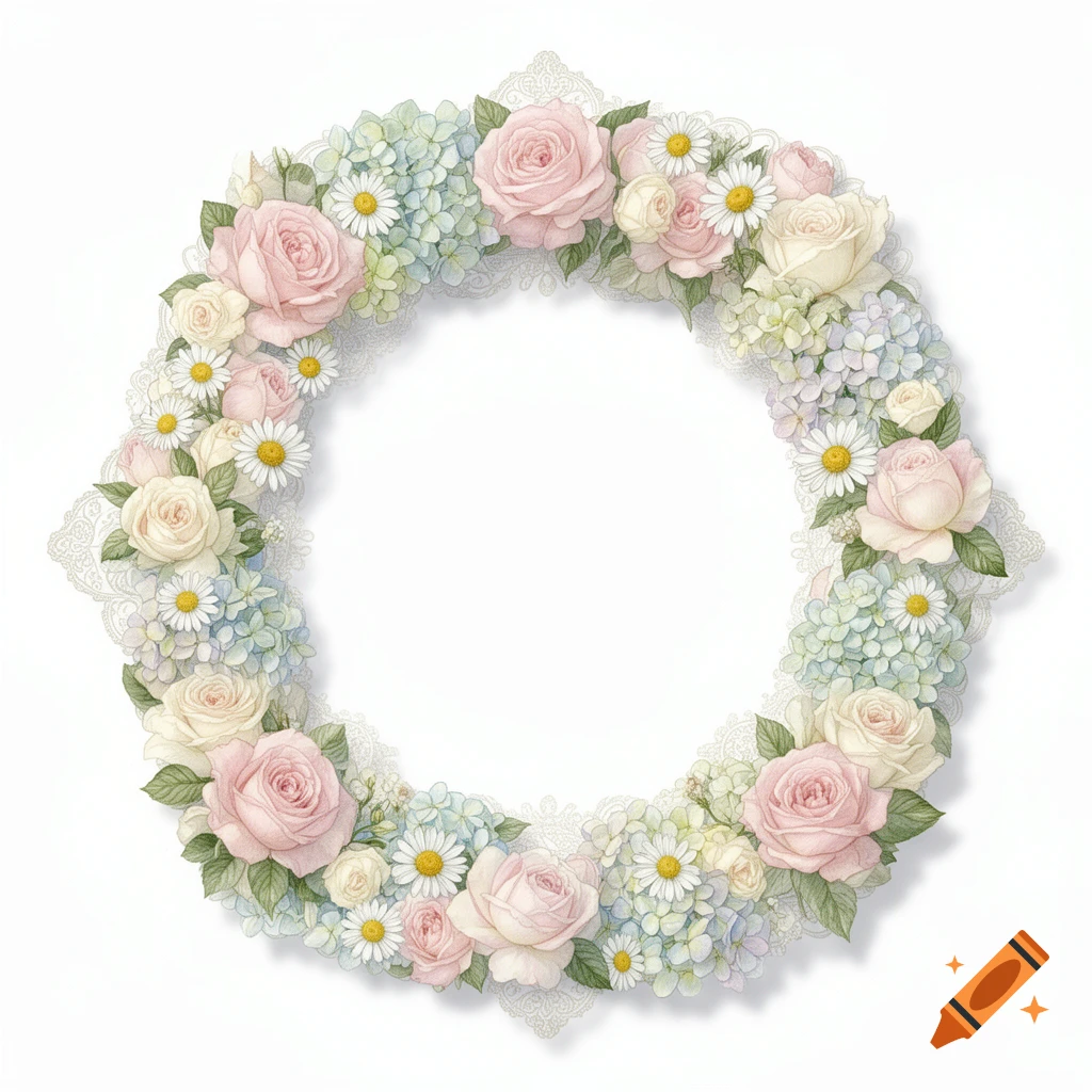A round floral wreath in a Victorian shabby chic illustration style, featuring pink and white roses, blue hydrangeas, and white daisies on a white background.