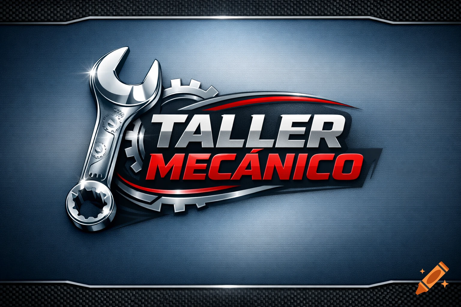 A shiny metallic logo for a mechanical workshop, featuring a large wrench, gears, and the words "TALLER MECÁNICO" in silver and red on a textured blue background.