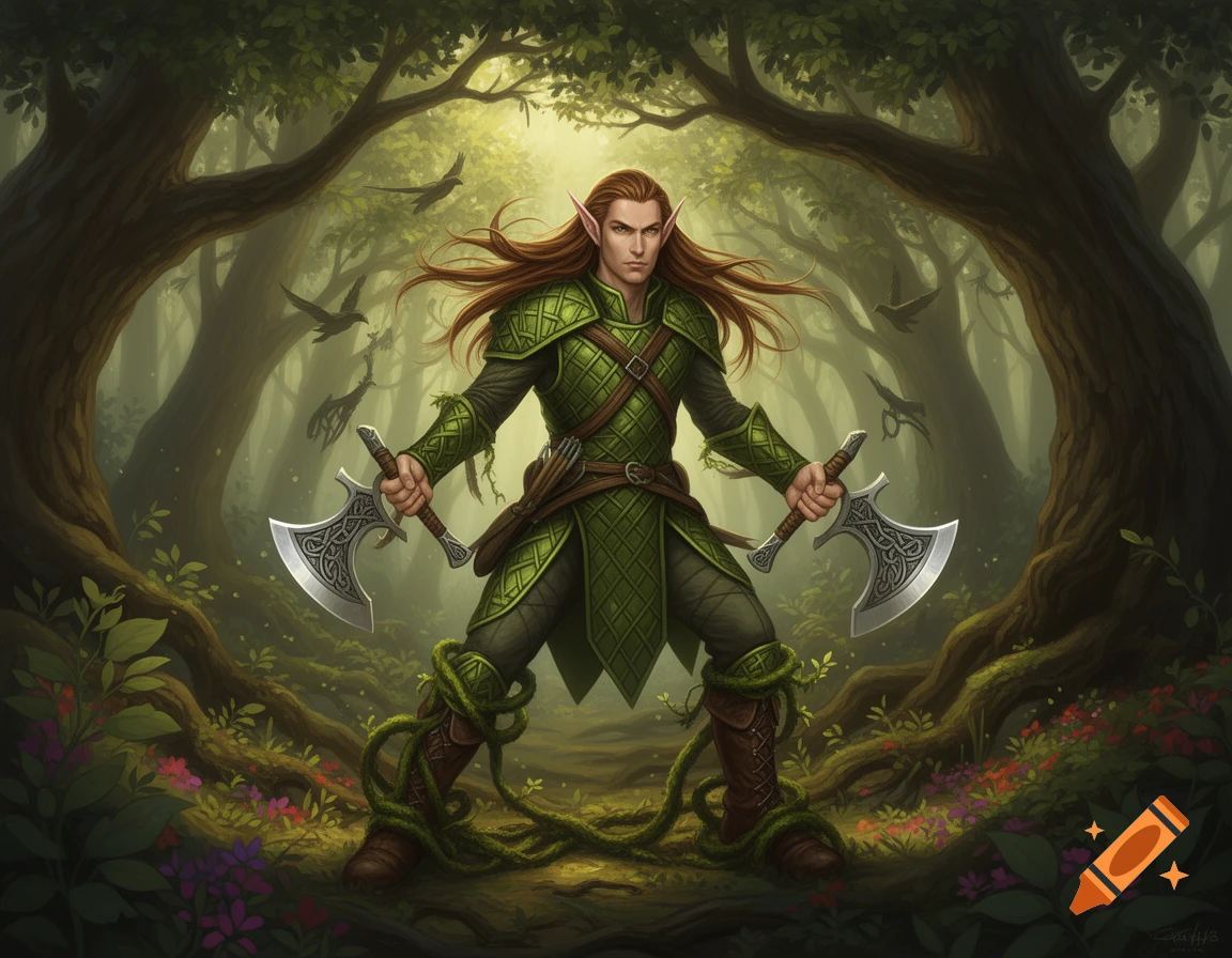 A male wood elf ranger with long brown hair stands in a magical forest, holding two ornate hand axes, vines wrapped around his legs.