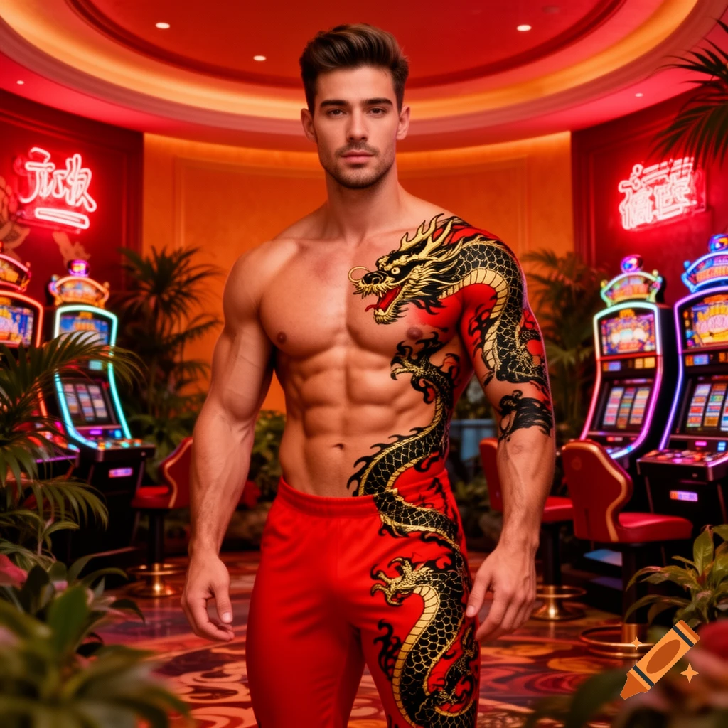 Muscular man with a large black and gold dragon tattoo on his chest and arm, wearing red pants, poses in a vibrant, red-lit casino.