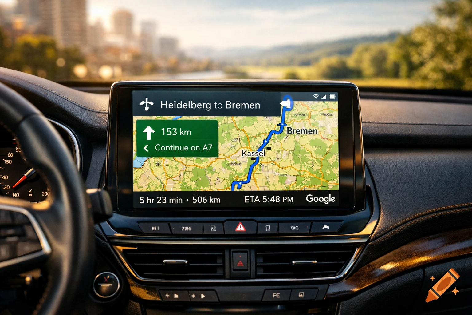 Photorealistic interior view of a car dashboard with a navigation screen displaying a Google Maps route from Heidelberg to Bremen.